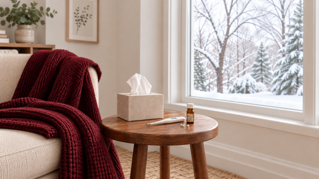 Winter sick-day scene with tissues, thermometer, and homeopathic remedy by a snowy window