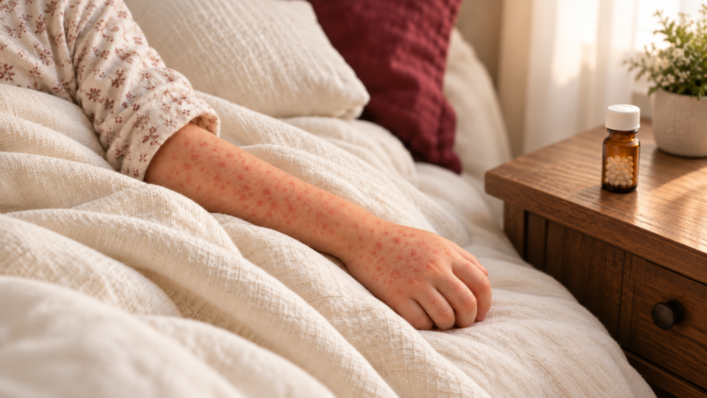 Arm with a measles rash resting on a bed beside a homeopathic remedy bottle
