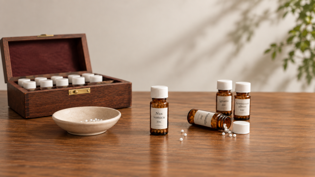 Homeopathic remedy bottles and pellets arranged beside a remedy kit