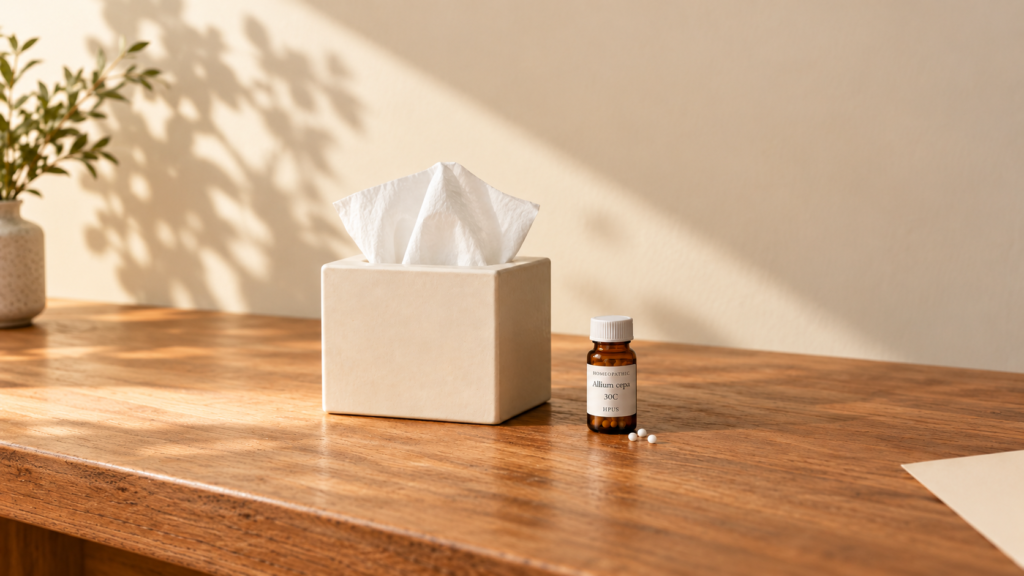 Tissue box and homeopathic remedy bottle on a wooden table