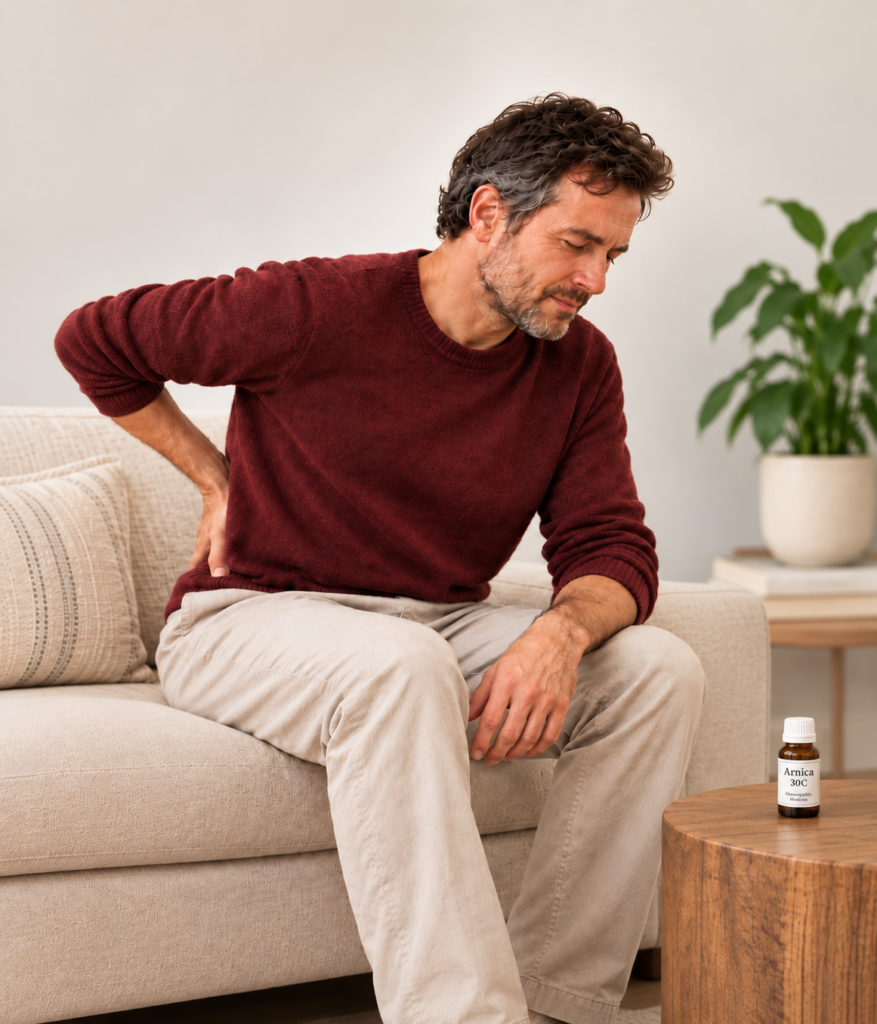 Man sitting on a sofa with lower back pain beside a homeopathic remedy bottle