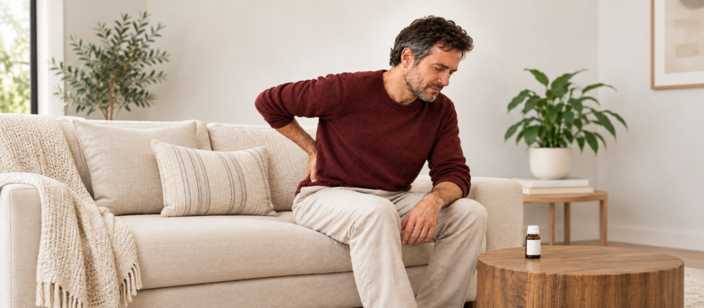 Man sitting on a sofa with lower back pain beside a homeopathic remedy bottle