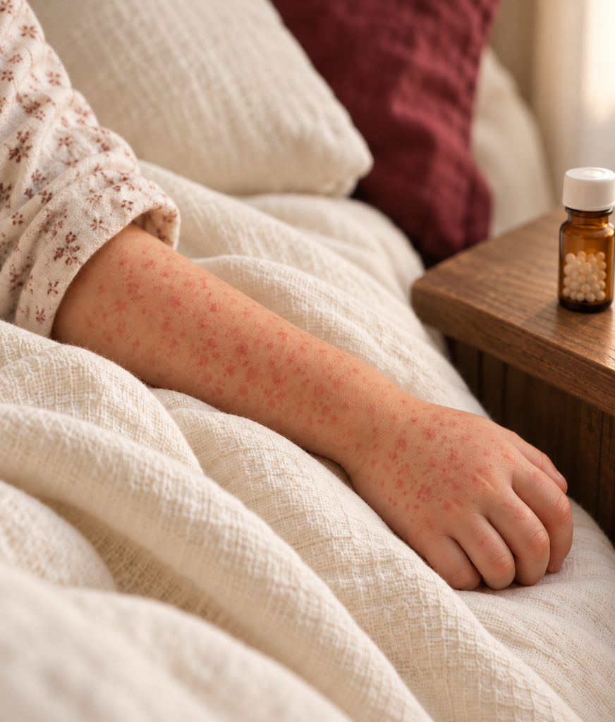 Arm with measles rash beside a homeopathic remedy bottle