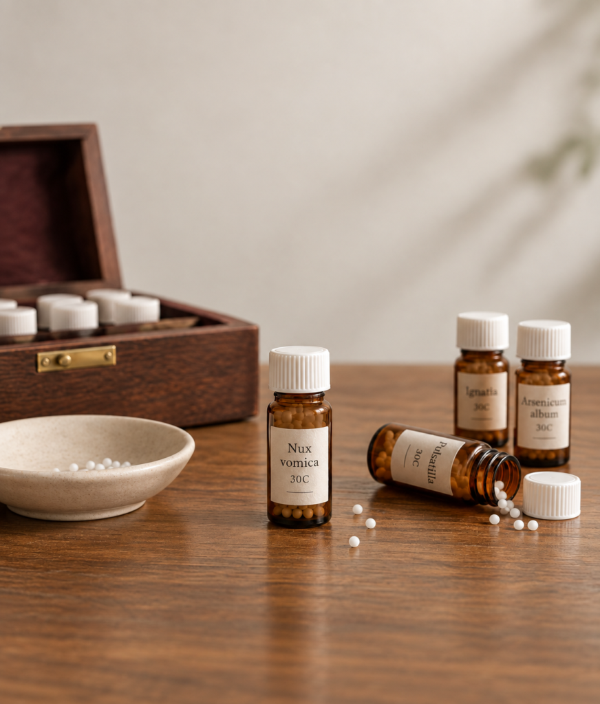 Several homeopathic remedy bottles and pellets beside a remedy kit