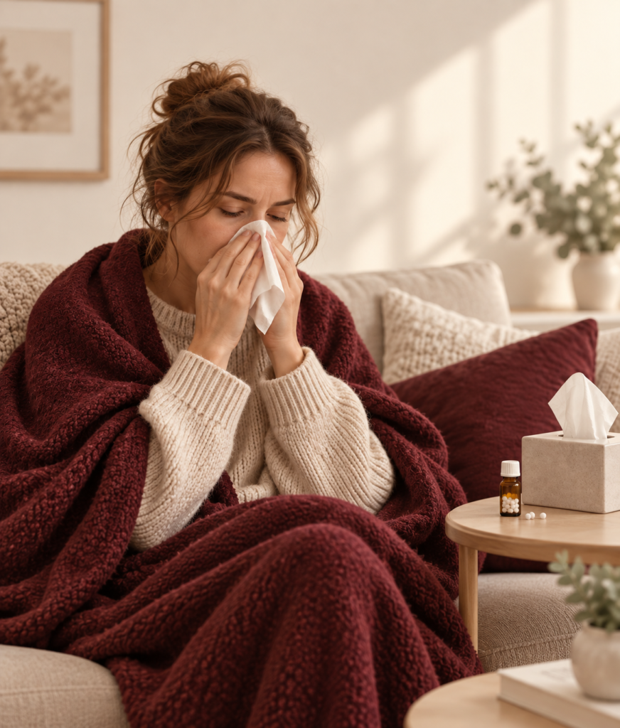 Woman with sinus symptoms using a tissue beside a homeopathic remedy bottle
