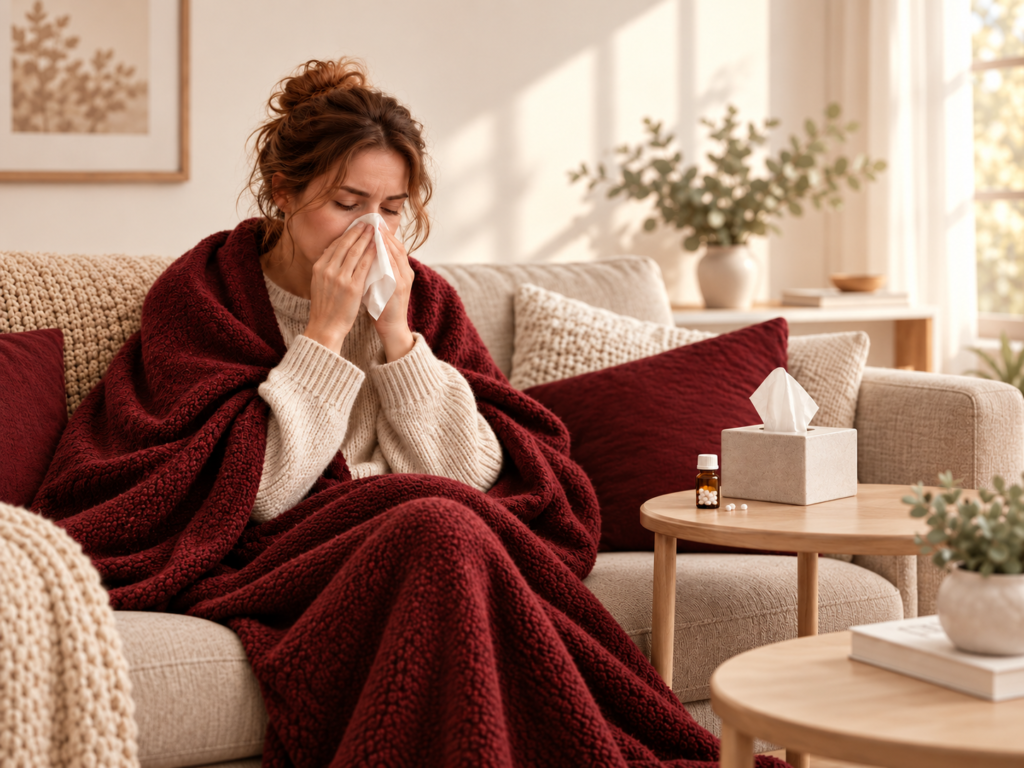Woman with sinus symptoms using a tissue beside a homeopathic remedy bottle