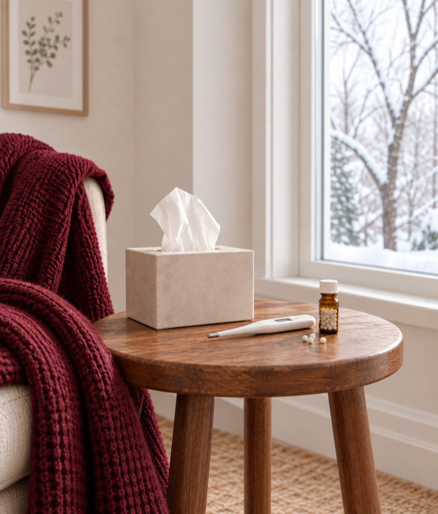 Winter illness scene with tissues, thermometer, and homeopathic remedy by a snowy window