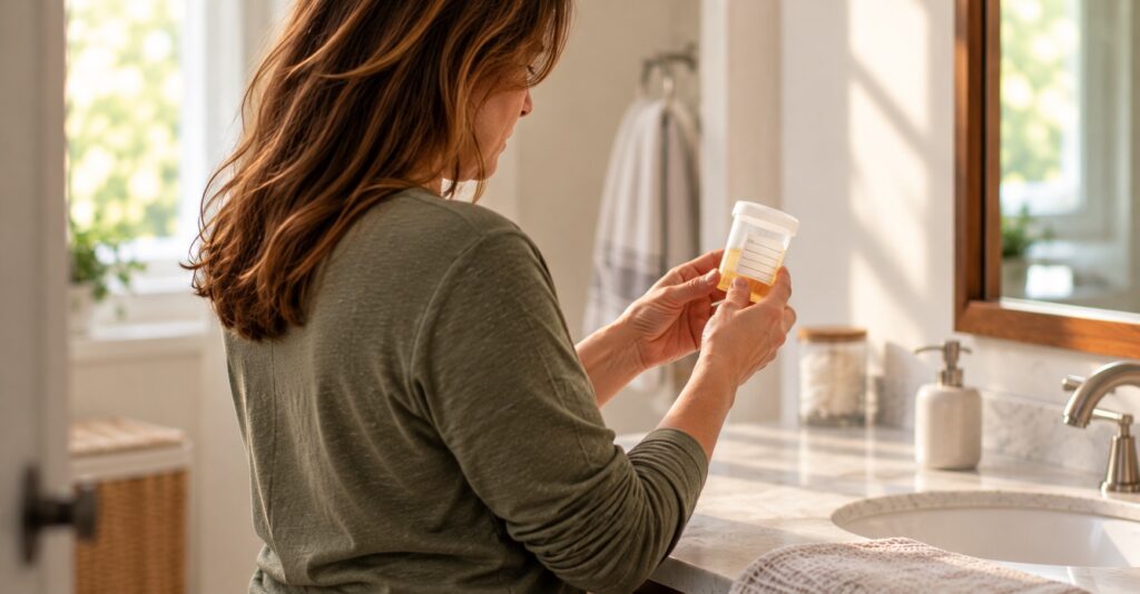 Woman in an olive sweater examining a urine specimen container in a softly lit bathroom.